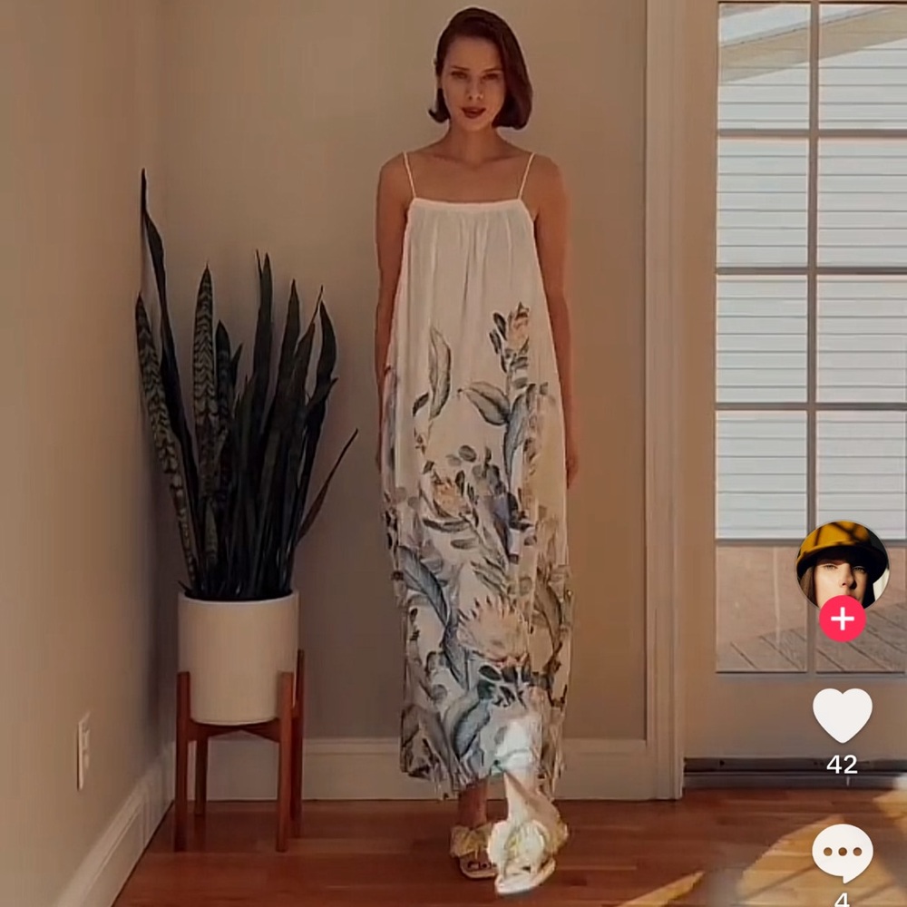 H&M Linen Blend Voluminous Floral Tropical Palm Leaf Print Smocked Maxi Dress